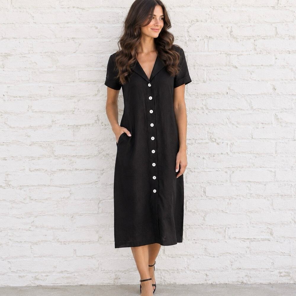 Quince 100% European Linen Button Front Dress Black Size Medium Minimalist
